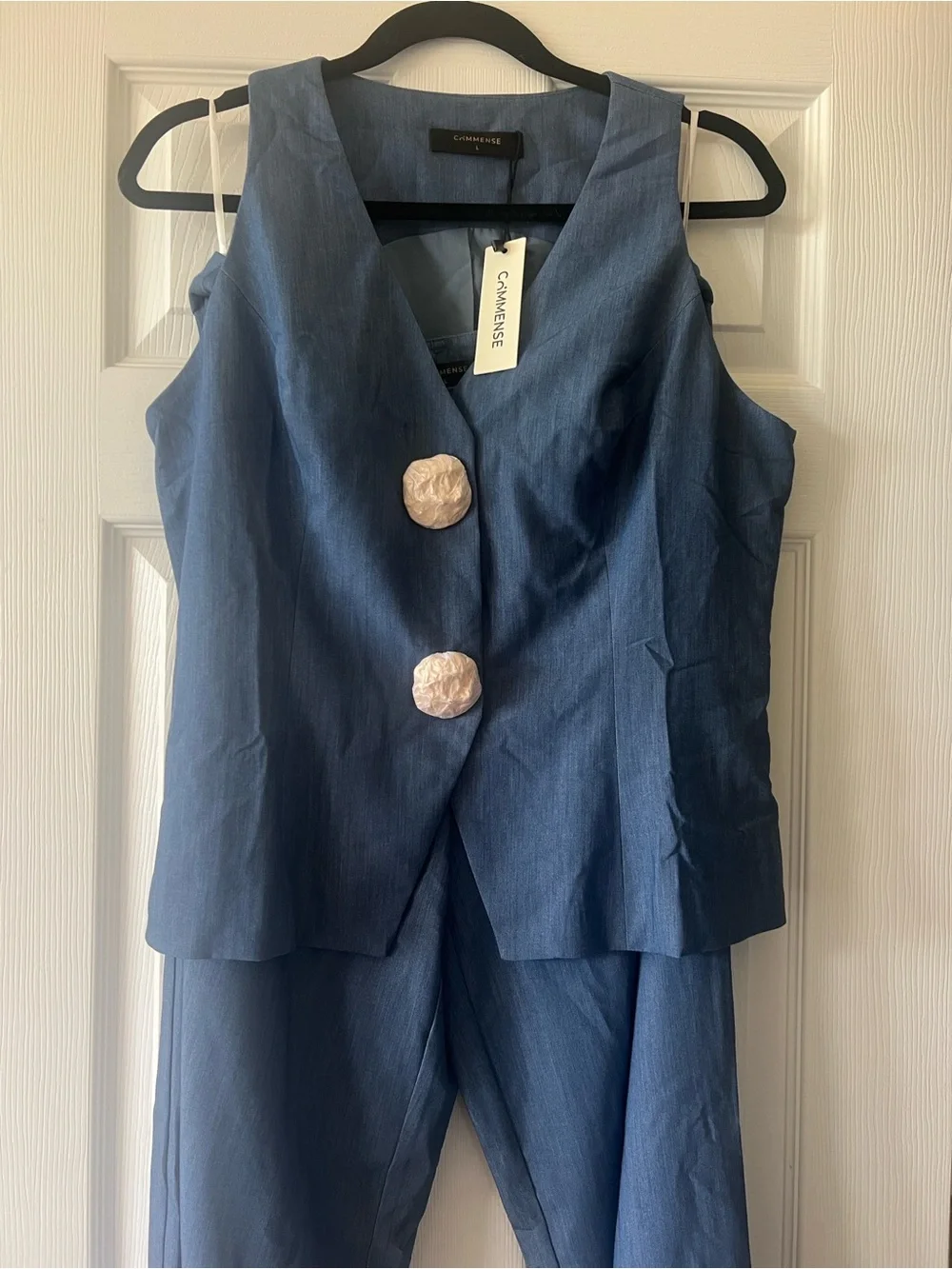 Commense Blue Vest and Wide-Leg pants with Decorative Buttons
